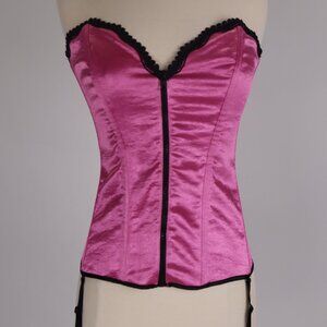 Frederick's of Hollywood Shiny Metallic Satin Pink Corset Bustier Garters Bra XL